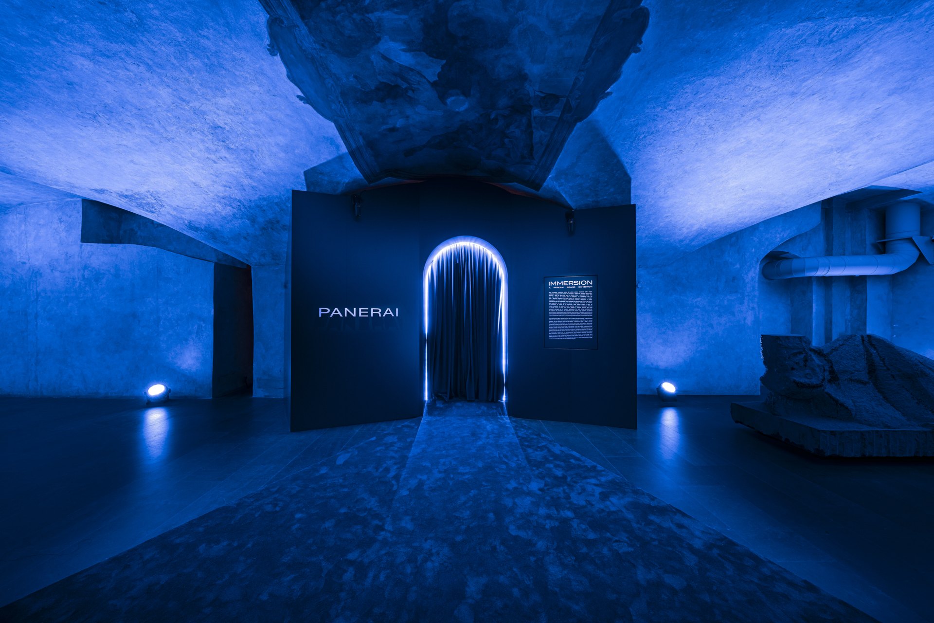 Blue-lit entrance to Immersion at Museo Marino Marini