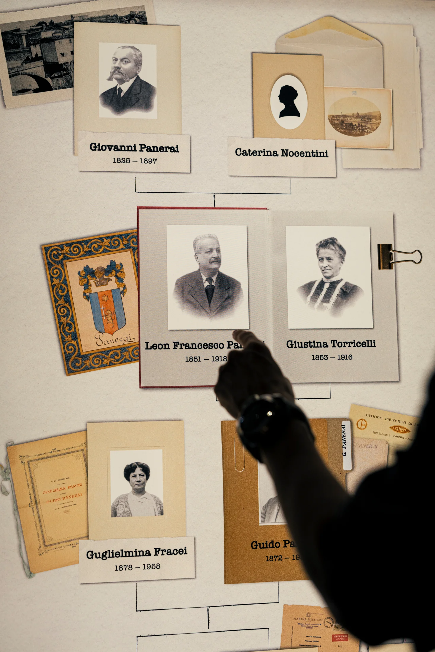 Close-up of the Panerai family tree and archival portraits in the exhibition.