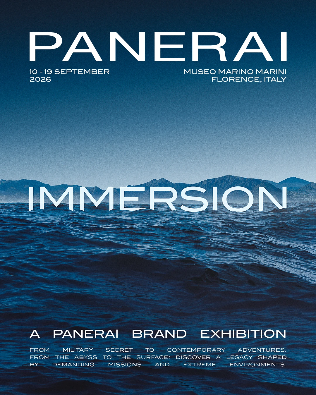 Immersion exhibition poster: Panerai typography over a blue seascape, with dates and Museo Marino Marini location.